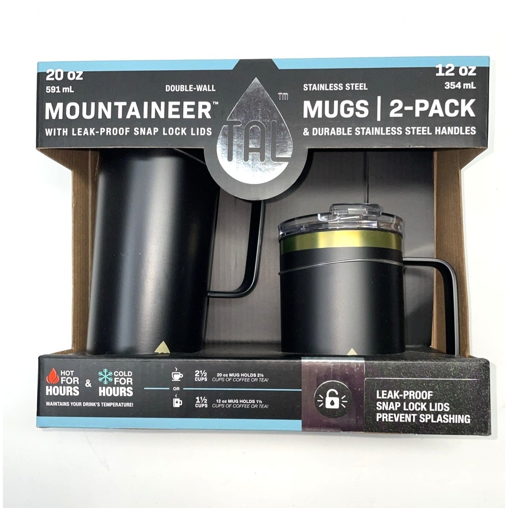 TAL Stainless Steel Black Mountaineer Mug 20 fl oz + 12 fl oz Set Hot & Cold